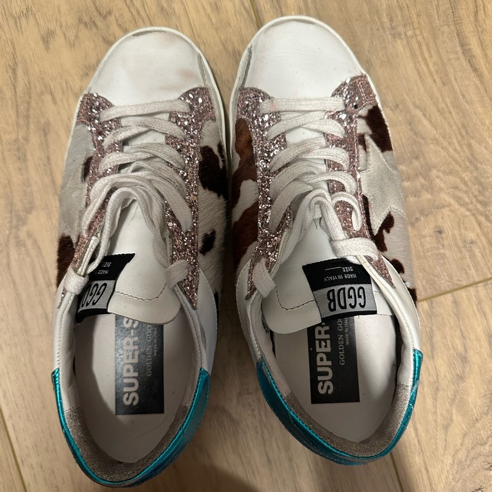 Golden Goose White Sneakers with Pink Glitter & Brown Cowprint - Picture 3 of 3